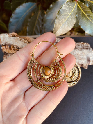 Tiger Eye Earrings Brass Jewelery Ethnic, rustic, yoga, hippie, gypsy, pretty, psy, boho, bohemian, festival