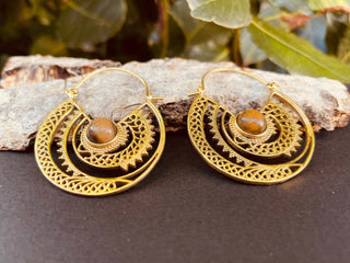 Tiger Eye Earrings Brass Jewelery Ethnic, rustic, yoga, hippie, gypsy, pretty, psy, boho, bohemian, festival
