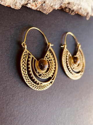 Tiger Eye Earrings Brass Jewelery Ethnic, rustic, yoga, hippie, gypsy, pretty, psy, boho, bohemian, festival