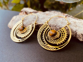 Tiger Eye Earrings Brass Jewelery Ethnic, rustic, yoga, hippie, gypsy, pretty, psy, boho, bohemian, festival