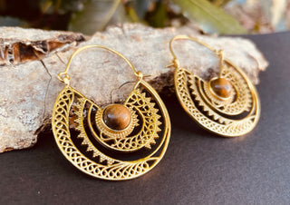 Tiger Eye Earrings Brass Jewelery Ethnic, rustic, yoga, hippie, gypsy, pretty, psy, boho, bohemian, festival