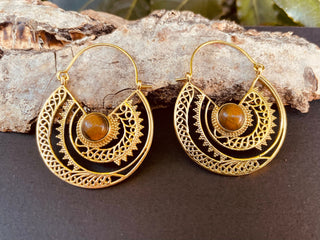 Tiger Eye Earrings Brass Jewelery Ethnic, rustic, yoga, hippie, gypsy, pretty, psy, boho, bohemian, festival