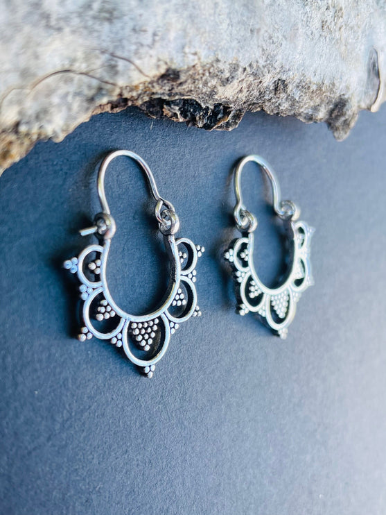 Mini Afghani Silver Hoop Earrings; Ethnic, Geometric, Small, Rustic, Yoga, Hippie, Gypsy, Pretty, Ssy, Boho, Bohemian, Festival