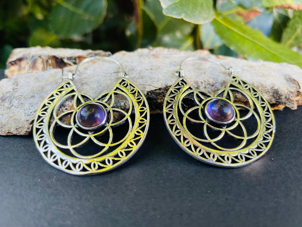 Silver Amethyst Earrings Ethnic, rustic, yoga, hippie, gypsy, pretty, psy, boho, bohemian, festival