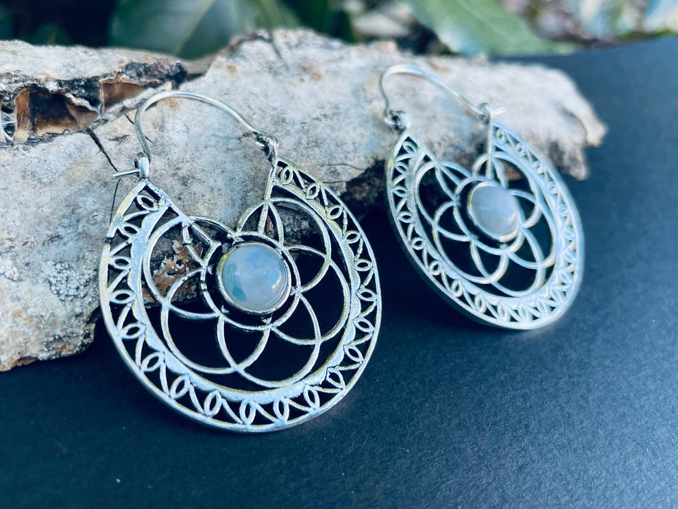 Moonstone Silver Hoop Earrings Ethnic, rustic, yoga, hippie, gypsy, pretty, psy, boho, bohemian, festival