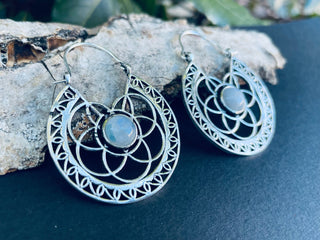 Moonstone Silver Hoop Earrings Ethnic, rustic, yoga, hippie, gypsy, pretty, psy, boho, bohemian, festival