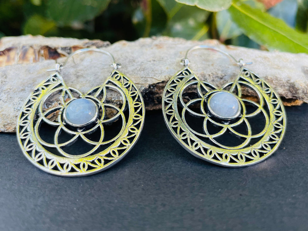 Moonstone Silver Hoop Earrings Ethnic, rustic, yoga, hippie, gypsy, pretty, psy, boho, bohemian, festival