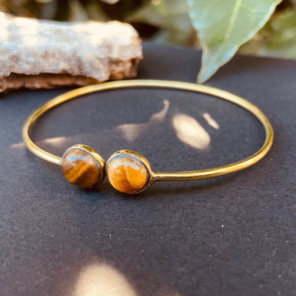 Gold Bracelet & Tiger Eye / Brass / Adjustable / Spiral / Ethnic / Rustic / Bohemian / Boho /