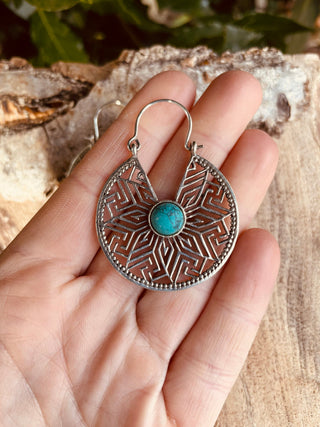 Turquoise Silver Hoop Earrings Ethnic, rustic, yoga, hippie, gypsy, pretty, psy, boho, bohemian, festival