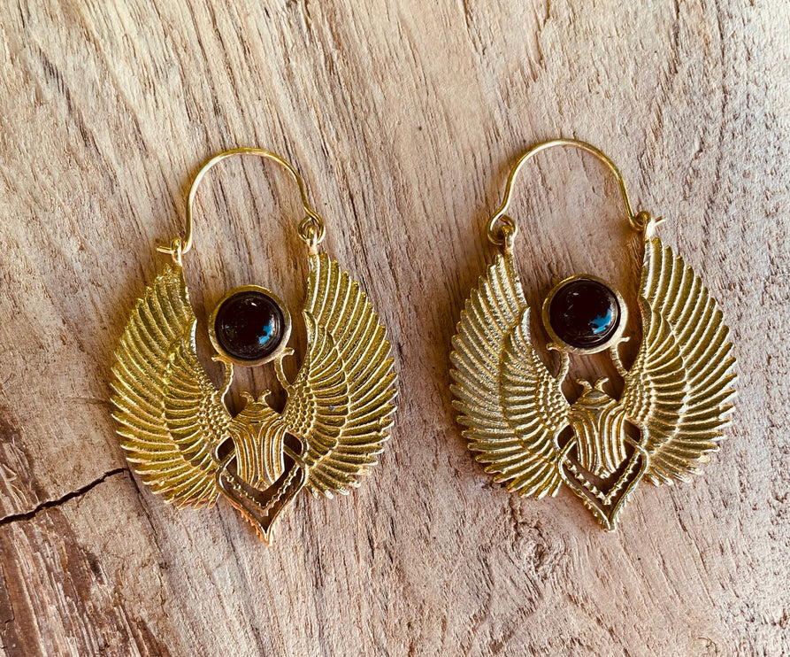 Gold Scarab Earrings Ancient Black Onyx ; Ethnic, Geometric, rustic, yoga, hippie, gypsy, pretty, boho, bohemian, festival