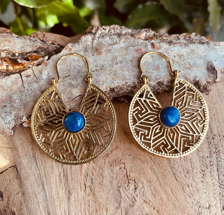 Lapis Lazuli Earrings Golden Ethnic Jewelery , Blue Stone , rustic, yoga, hippie, gypsy, pretty, psy, boho, bohemian, festival