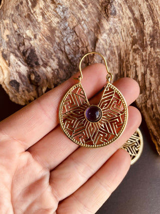 Aztec Amethyst Gold Hoop Earrings Ethnic, rustic, yoga, hippie, gypsy, pretty, psy, boho, bohemian, festival