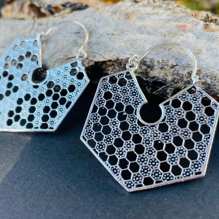 Silver Honeycomb Earrings / Geometric Honey Bee ;Illuminati Ethnic Rustic Indian Festival Psy Gypsy Spiral Hippie Tribal style