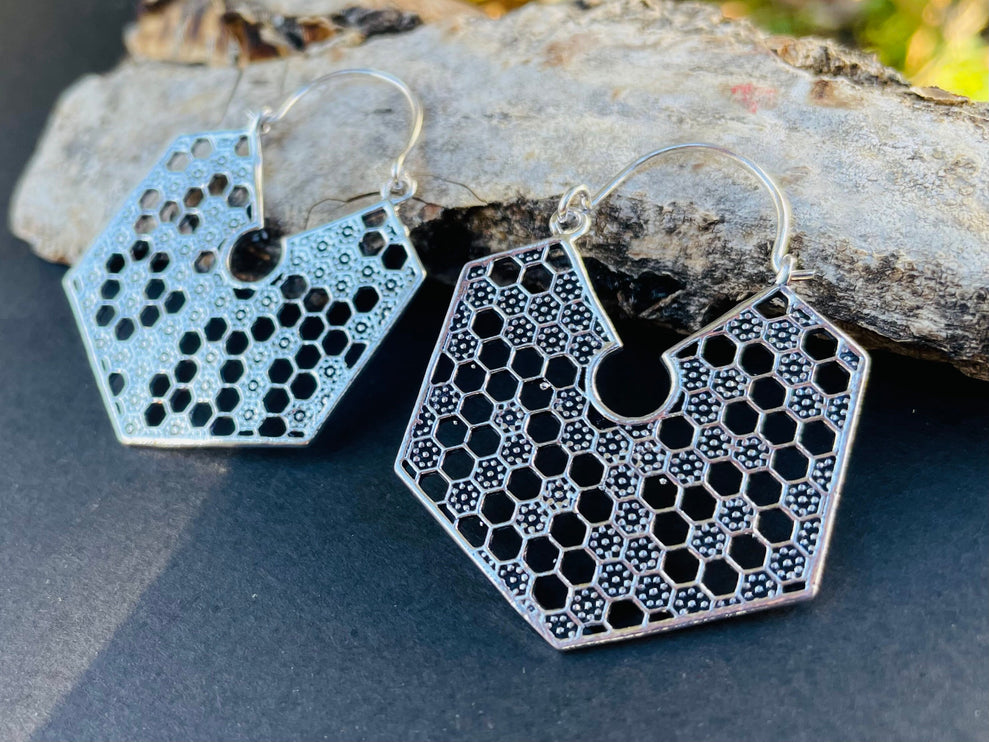 Silver Honeycomb Earrings / Geometric Honey Bee ;Illuminati Ethnic Rustic Indian Festival Psy Gypsy Spiral Hippie Tribal style