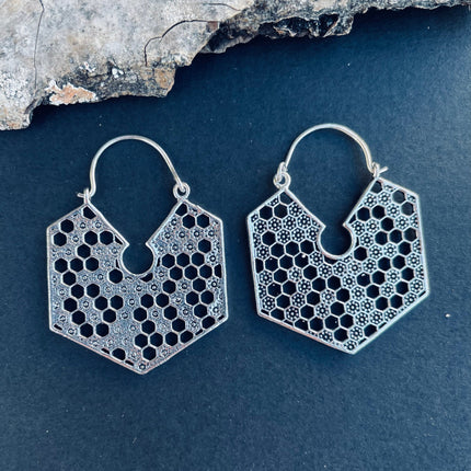 Silver Honeycomb Earrings / Geometric Honey Bee ;Illuminati Ethnic Rustic Indian Festival Psy Gypsy Spiral Hippie Tribal style