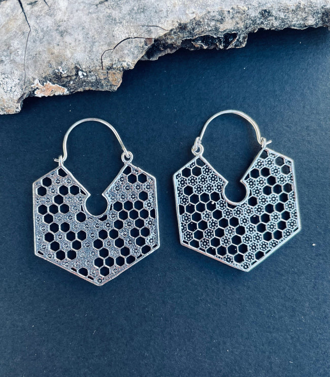 Silver Honeycomb Earrings / Geometric Honey Bee ;Illuminati Ethnic Rustic Indian Festival Psy Gypsy Spiral Hippie Tribal style