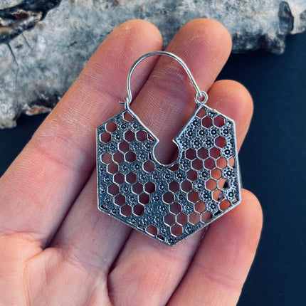 Silver Honeycomb Earrings / Geometric Honey Bee ;Illuminati Ethnic Rustic Indian Festival Psy Gypsy Spiral Hippie Tribal style