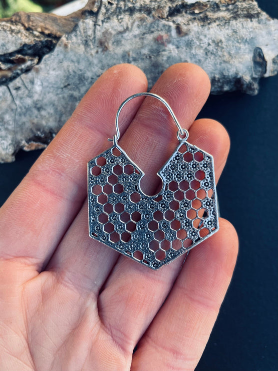 Silver Honeycomb Earrings / Geometric Honey Bee ;Illuminati Ethnic Rustic Indian Festival Psy Gypsy Spiral Hippie Tribal style