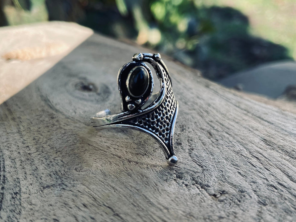 Onyx Noir Bague Argent Taille Grande / Ethnique / Bohème / Rustique / Festival / Hippie / Tribal / Gypsy / Boho