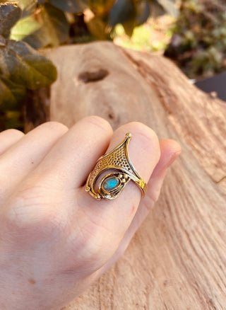 Labradorite Ring, Boho Brass Ring, Mottled Brass, Bohemian Jewellery from Kaali Boutique