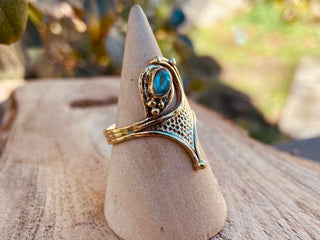 Labradorite Ring, Boho Brass Ring, Mottled Brass, Bohemian Jewellery from Kaali Boutique