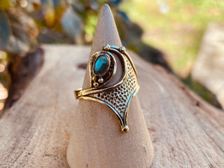 Labradorite Ring, Boho Brass Ring, Mottled Brass, Bohemian Jewellery from Kaali Boutique