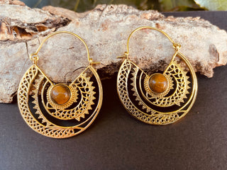 Tiger Eye Earrings Brass Jewelery Ethnic, rustic, yoga, hippie, gypsy, pretty, psy, boho, bohemian, festival