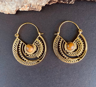 Tiger Eye Earrings Brass Jewelery Ethnic, rustic, yoga, hippie, gypsy, pretty, psy, boho, bohemian, festival