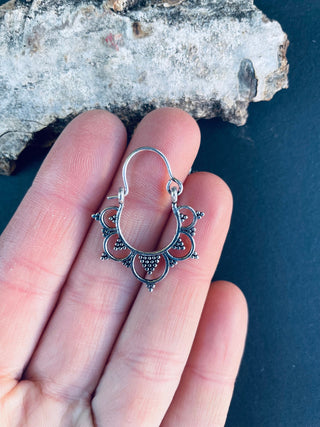 Mini Afghani Silver Hoop Earrings; Ethnic, Geometric, Small, Rustic, Yoga, Hippie, Gypsy, Pretty, Ssy, Boho, Bohemian, Festival