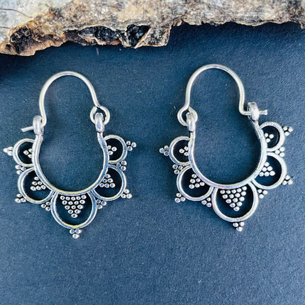 Mini Afghani Silver Hoop Earrings; Ethnic, Geometric, Small, Rustic, Yoga, Hippie, Gypsy, Pretty, Ssy, Boho, Bohemian, Festival