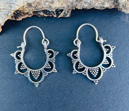 Mini Afghani Silver Hoop Earrings; Ethnic, Geometric, Small, Rustic, Yoga, Hippie, Gypsy, Pretty, Ssy, Boho, Bohemian, Festival