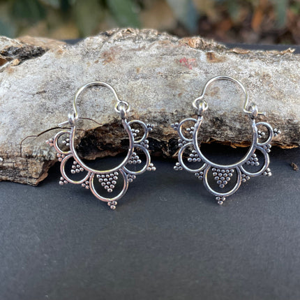 Mini Afghani Silver Hoop Earrings; Ethnic, Geometric, Small, Rustic, Yoga, Hippie, Gypsy, Pretty, Ssy, Boho, Bohemian, Festival