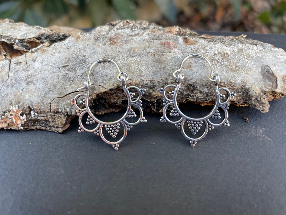 Mini Afghani Silver Hoop Earrings; Ethnic, Geometric, Small, Rustic, Yoga, Hippie, Gypsy, Pretty, Ssy, Boho, Bohemian, Festival