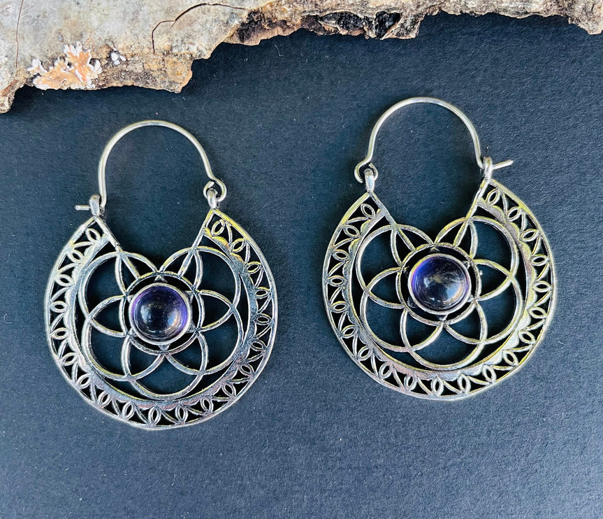 Silver Amethyst Earrings Ethnic, rustic, yoga, hippie, gypsy, pretty, psy, boho, bohemian, festival