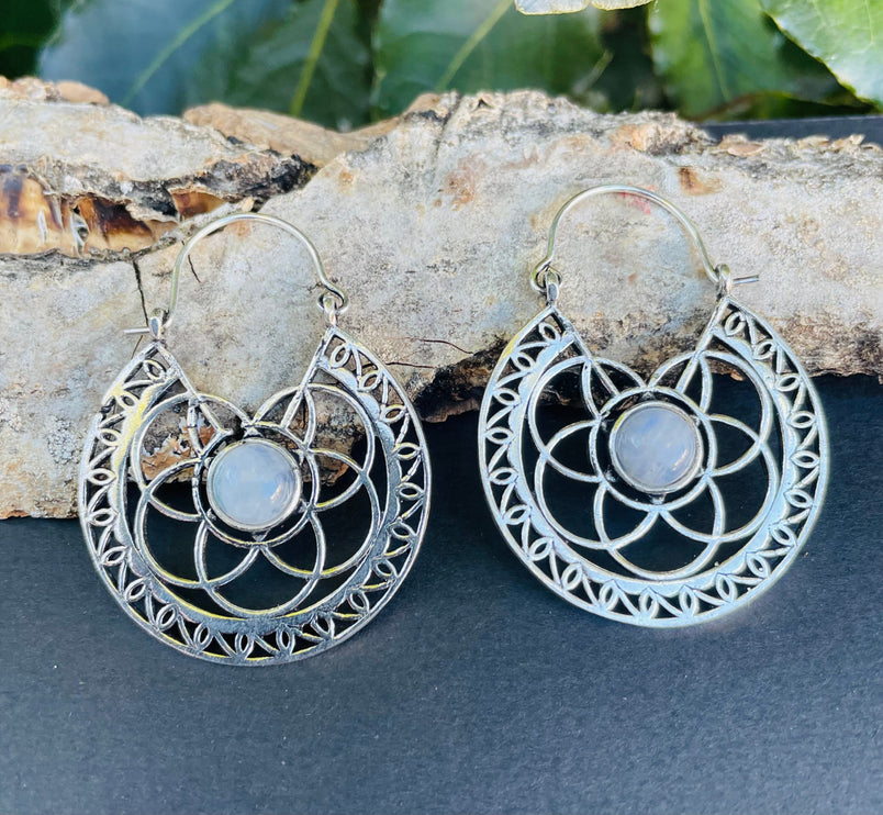 Moonstone Silver Hoop Earrings Ethnic, rustic, yoga, hippie, gypsy, pretty, psy, boho, bohemian, festival