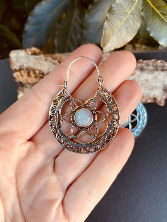 Moonstone Silver Hoop Earrings Ethnic, rustic, yoga, hippie, gypsy, pretty, psy, boho, bohemian, festival