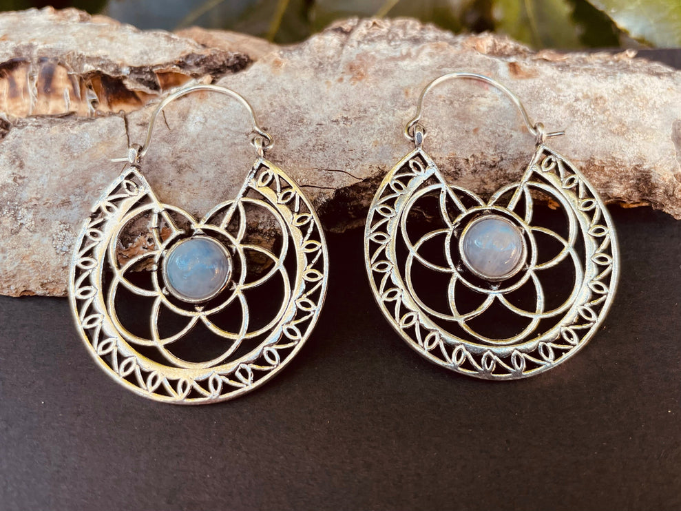 Moonstone Silver Hoop Earrings Ethnic, rustic, yoga, hippie, gypsy, pretty, psy, boho, bohemian, festival