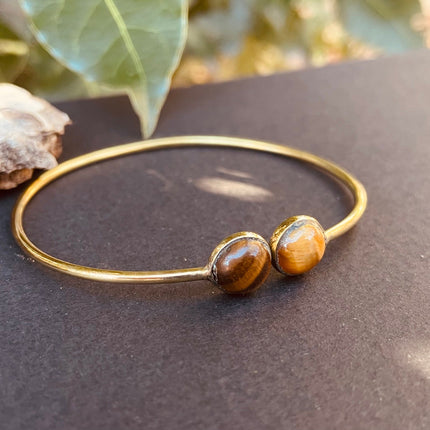 Gold Bracelet & Tiger Eye / Brass / Adjustable / Spiral / Ethnic / Rustic / Bohemian / Boho /