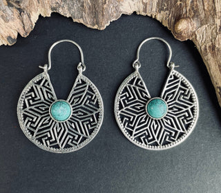 Turquoise Silver Hoop Earrings Ethnic, rustic, yoga, hippie, gypsy, pretty, psy, boho, bohemian, festival