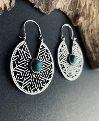 Turquoise Silver Hoop Earrings Ethnic, rustic, yoga, hippie, gypsy, pretty, psy, boho, bohemian, festival