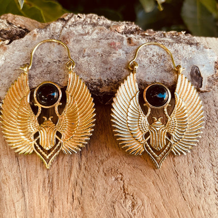 Gold Scarab Earrings Ancient Black Onyx ; Ethnic, Geometric, rustic, yoga, hippie, gypsy, pretty, boho, bohemian, festival