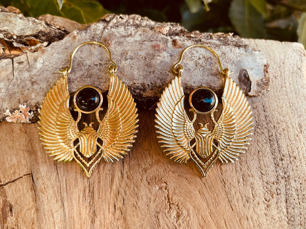 Gold Scarab Earrings Ancient Black Onyx ; Ethnic, Geometric, rustic, yoga, hippie, gypsy, pretty, boho, bohemian, festival