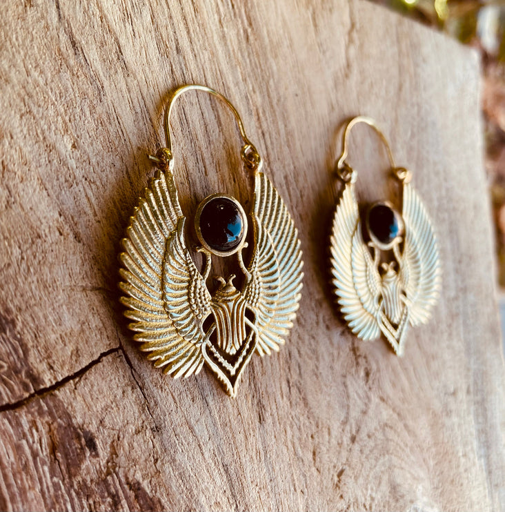 Gold Scarab Earrings Ancient Black Onyx ; Ethnic, Geometric, rustic, yoga, hippie, gypsy, pretty, boho, bohemian, festival