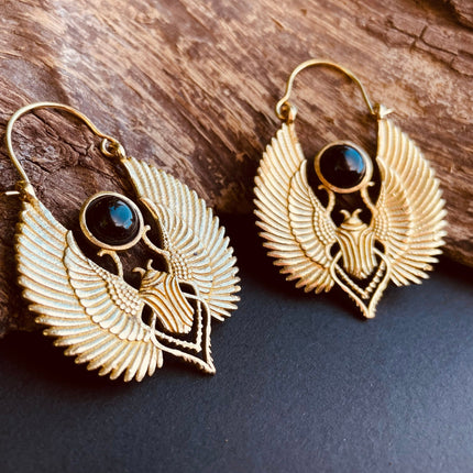 Gold Scarab Earrings Ancient Black Onyx ; Ethnic, Geometric, rustic, yoga, hippie, gypsy, pretty, boho, bohemian, festival