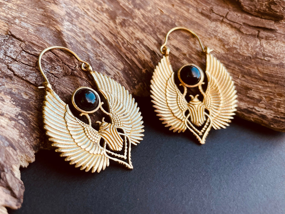 Gold Scarab Earrings Ancient Black Onyx ; Ethnic, Geometric, rustic, yoga, hippie, gypsy, pretty, boho, bohemian, festival