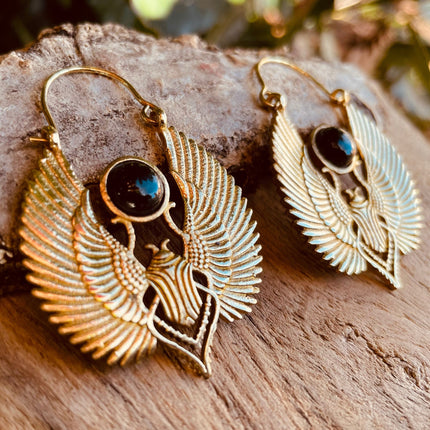 Gold Scarab Earrings Ancient Black Onyx ; Ethnic, Geometric, rustic, yoga, hippie, gypsy, pretty, boho, bohemian, festival