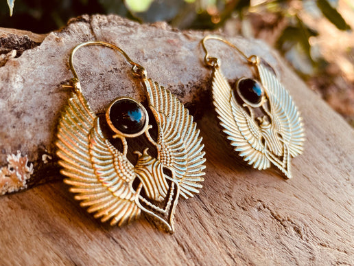 Gold Scarab Earrings Ancient Black Onyx ; Ethnic, Geometric, rustic, yoga, hippie, gypsy, pretty, boho, bohemian, festival