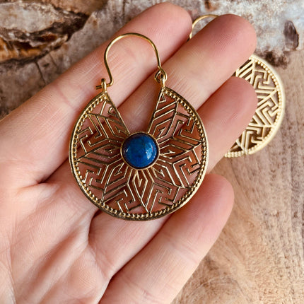 Lapis Lazuli Earrings Golden Ethnic Jewelery , Blue Stone , rustic, yoga, hippie, gypsy, pretty, psy, boho, bohemian, festival