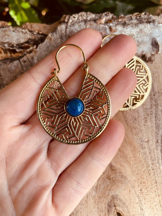 Lapis Lazuli Earrings Golden Ethnic Jewelery , Blue Stone , rustic, yoga, hippie, gypsy, pretty, psy, boho, bohemian, festival