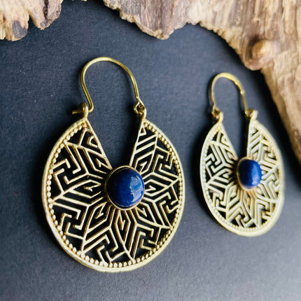 Lapis Lazuli Earrings Golden Ethnic Jewelery , Blue Stone , rustic, yoga, hippie, gypsy, pretty, psy, boho, bohemian, festival